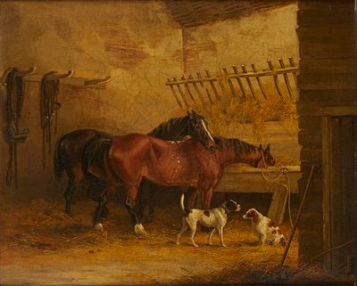 Chevaux et chiens dans un intérieur d