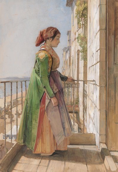 Une jeune fille grecque debout sur un balcon - John Frederick Lewis