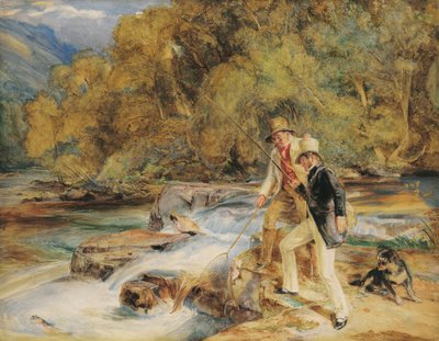Sir Edwin Landseer, R.A. avec un garde-pêche pêchant le saumon, peut-être sur la rivière Dart, près de Holne, Devon - John Frederick Lewis