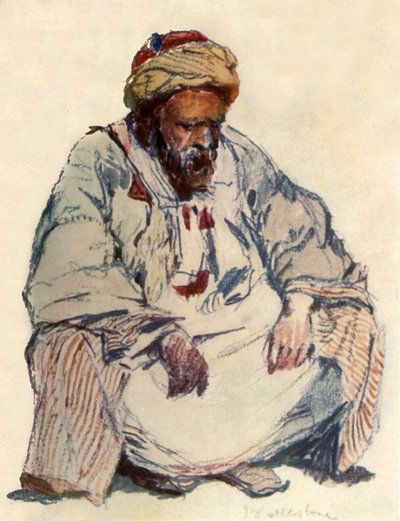 Figure assise de berger syrien en manteau de peau de mouton, 1902 - John Fulleylove