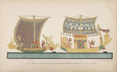 Bateaux avec des voiles colorées, de la tombe de Ramsès III à Thèbes, illustration de "Manners and Customs of the ancient Egyptians...", 1837-41 - John Gardner Wilkinson