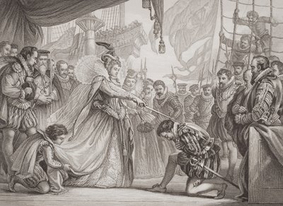 La reine Élisabeth I (1530-1603) adoubant Francis Drake (1540-96) de 