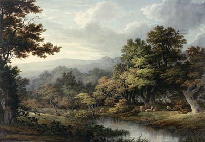 Clairière forestière avec étang et cerfs - John Glover