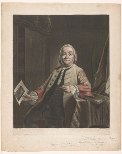 Portrait de Simon Fokke tenant la gravure du pillage de la maison de Gerrit Hagedooren, 1751 - John Greenwood