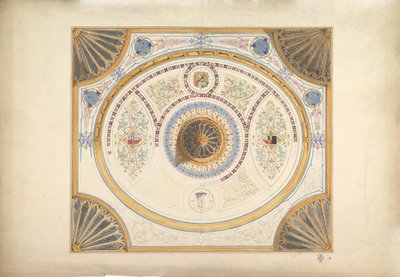 Conception pour un plafond avec deux portraits et des supports en éventail aux coins - John Gregory Crace