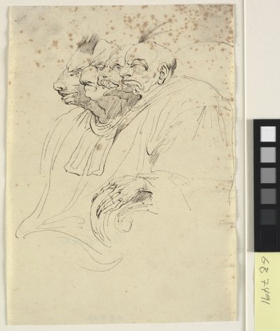 Caricature de quatre têtes bestiales de profil - John Hamilton Mortimer