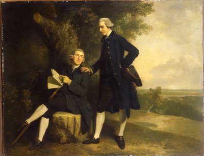 Double portrait de Thomas Somers Cocks et Richard Cocks de Castleditch, tous deux en pied, le premier en manteau et gilet bleu tenant un tricorne noir, le second assis en manteau et gilet bleu tenant un manuscrit, dans un paysage - John Hamilton Mortimer