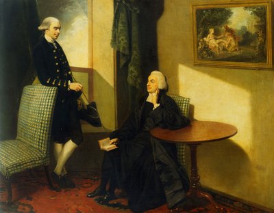 Double portrait du révérend John Cocks et de James Cocks, tous deux en pied, le premier en habit clérical assis sur une chaise bleue et blanche, le second en manteau et gilet bleus appuyé contre une chaise similaire, dans un intérieur - John Hamilton Mortimer