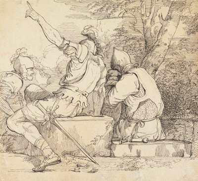 Trois soldats en armure assis sur des blocs de pierre - John Hamilton Mortimer