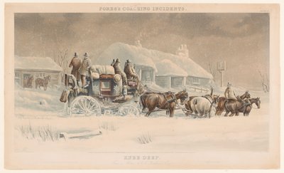 Caleche avec six chevaux dans la neige dans un paysage d