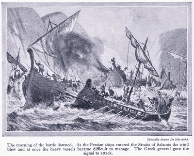 Bataille de Salamine : Lorsque les navires perses entrèrent dans les détroits de Salamine, le vent souffla et ils devinrent difficiles à manœuvrer, vers 1950 - John Harris Valda