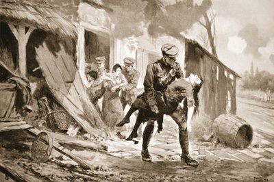Le canonnier Rafferty portant une femme blessée en sécurité depuis une ferme bombardée - John Harris Valda