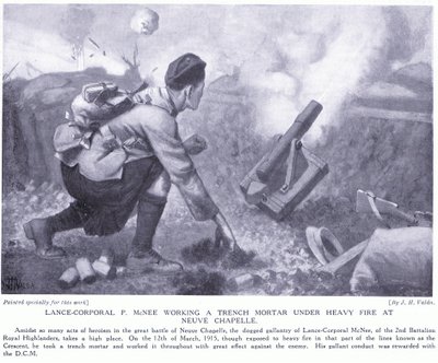 Caporal P McNee travaillant un mortier de tranchée sous un feu intense à Neuve-Chapelle - John Harris Valda