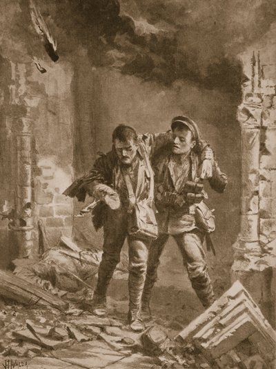 Le soldat A.E. Walker aidant un camarade blessé à sortir d