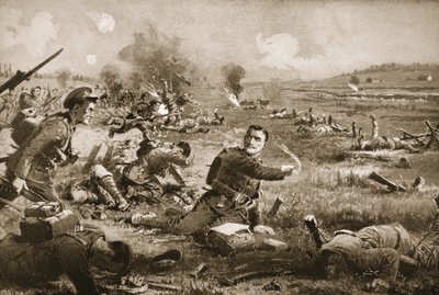 Le sergent B.C. Shea ralliant et encourageant les hommes de son régiment après avoir été grièvement blessé à Rouges Bancs - John Harris Valda