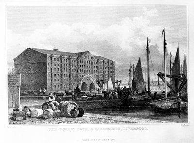Le quai du duc et les entrepôts, Liverpool, gravé par Thomas Higham, 1829 (gravure) - John Harwood