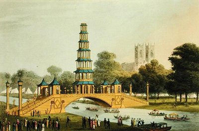 Le pont chinois et la pagode, érigés dans le parc en commémoration de la Glorieuse Paix de 1814, gravé par Matthew Dubourg - John Heaviside (after) Clark