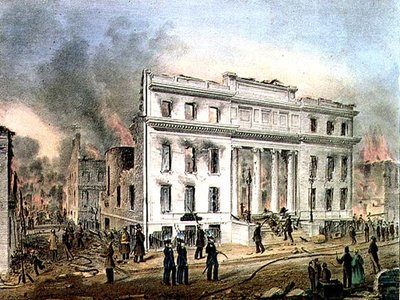 Ruines de la Bourse des Marchands de New York, gravé par Nathaniel Currier, publié par J. Disturnell et l
