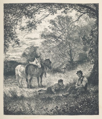 Homme, garçon et chevaux de trait. 