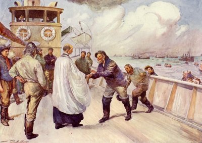 Pêcheurs de la flotte de pêche de la mer du Nord se rassemblant pour le culte (lithographie en couleur) - John Henry Frederick (after) Bacon
