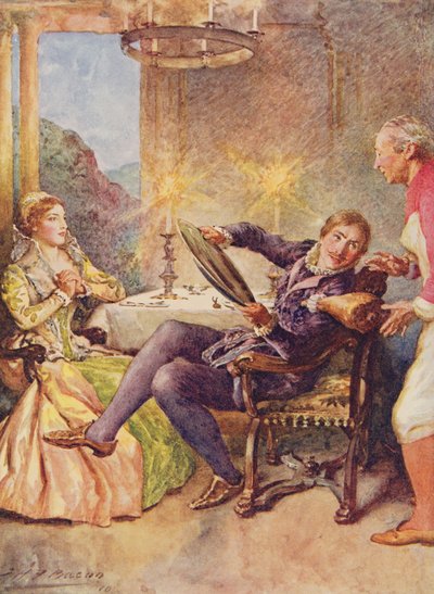 Katharina et Petruchio dans La Mégère apprivoisée de Histoires pour enfants de Shakespeare par Edith Nesbit (1858-1924) pub. par Raphael Tuck & Sons Ltd., Londres (illustration de livre) - John Henry Frederick Bacon
