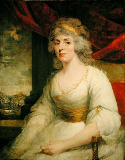 Portrait de Mme Billington assise, trois quarts en robe blanche - John Hoppner
