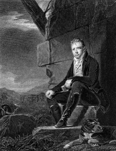Walter Scott, poète et romancier écossais, assis sur une pierre, accompagné d