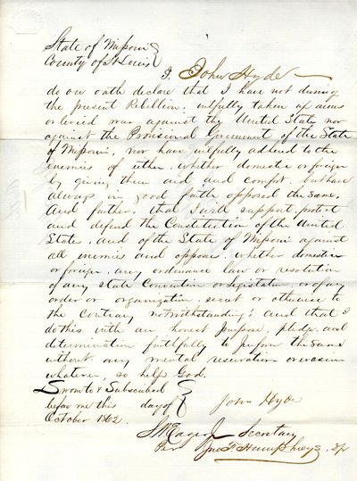 Serment de loyauté de John Hyde du Missouri, comté de St. Louis - John Hyde