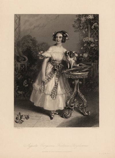 Augusta Georgina Frederica Fitzclarence, fille de Lord Frederic Fitzclarence, fils illégitime du roi Guillaume IV. Elle porte ses cheveux en boucles et rubans, et une robe décolletée nouée avec une ceinture, tenant un épagneul King Charles sur un coussin - John James (after) Chalon