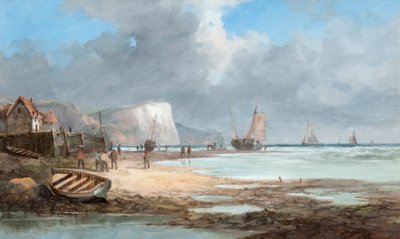 Paysage marin avec bateaux de pêche et une maison - John James Wilson