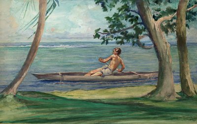 Garçon en canoë passant devant notre maison, Vaiala, Samoa - John La Farge