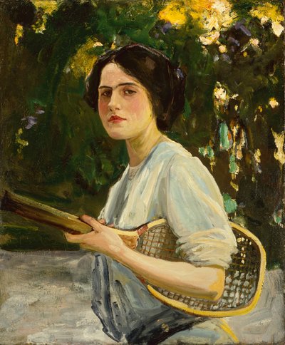 Eileen Lavery tenant une raquette de tennis - John Lavery