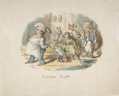 Personnel de cuisine (recto), Paysage montagneux avec randonneur (verso), 1837-64 - John Leech
