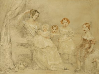 Portrait de Mme W.S. Fry et de ses quatre enfants : Emma, Willy, Julie et Georgina, assis dans un intérieur, 1840 - John Linnell