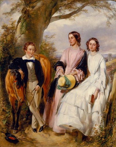 Portrait de groupe de deux femmes, un garçon et son poney - John Lucas