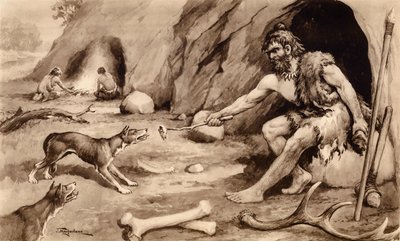 Homme des cavernes nourrissant un chien - John Macfarlane