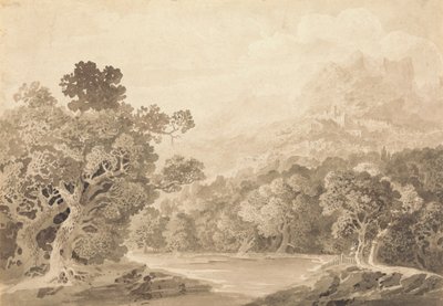 Rive boisée, ville sur colline et sommets de montagnes au loin - John Martin