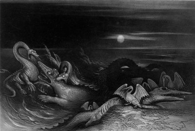 Plesiosaurus combattant Temnodontosaurus (Oligostinus), 1840 - John Martin