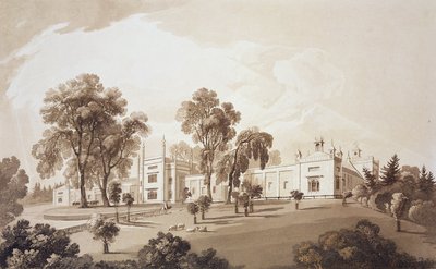 Vue de la Ferme avec Écran pour les Écuries et Bâtiments Agricoles à Sezincote House, gravé par Frederick Christian Lewis Snr. (1779-1856), c.1817-18 - John Martin