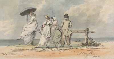 À Brighton, 1804 : Trois femmes, enfant et homme regardant la mer - John Nixon