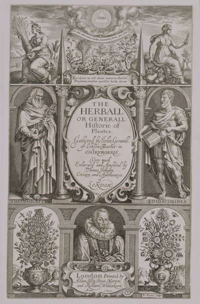 Page de titre de la deuxième édition de The Herball par John Gerard (1564-1612) 1633 - John Payne