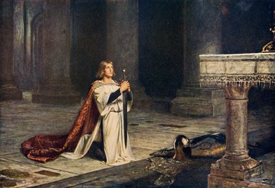 Aspirant chevalier veillant sur les armes pour l