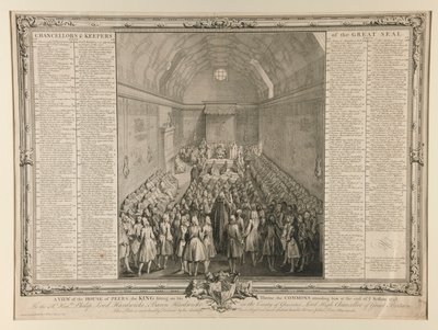 Vue de la Chambre des Lords, le roi assis sur son trône, les Communes l
