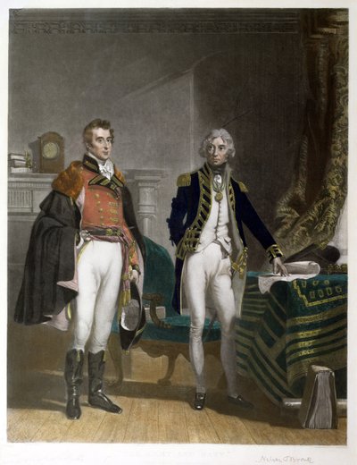 Rencontre entre le major-général Sir Arthur Wellesley et le vice-amiral Horatio Nelson, septembre 1805, gravé par Samuel William Reynolds, publié par A.J. Isaacs - John Prescott (after) Knight