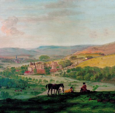 Vue du XVIIIe siècle de Haddon Hall avec le village de Bakewell en arrière-plan - John Raphael Smith