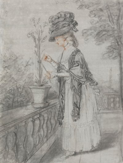 Dame sur une terrasse soignant un œillet - John Raphael Smith