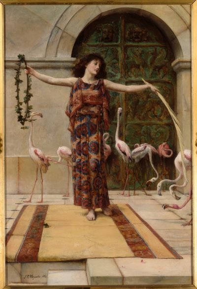 J.R.Waguelin, Femme avec flamants roses / Peinture, 1885 - John Reinhard Weguelin