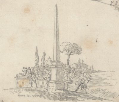 Un obélisque avec des toits et des arbres au loin - John Robert Cozens