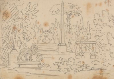 Obélisque et statues dans un jardin - John Robert Cozens