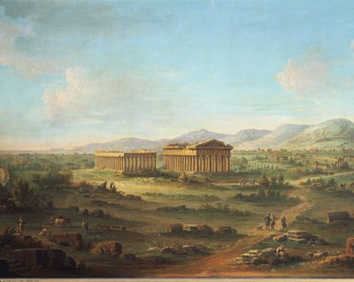 Les deux grands temples de Paestum, Basilique à gauche et Temple de Neptune ou Poséidon à droite - John Robert Cozens
